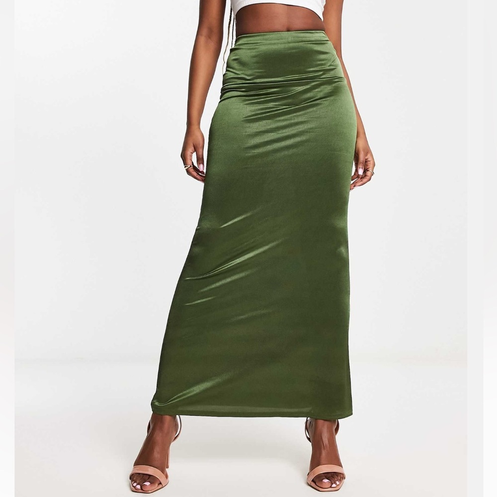 ASOS Jersey Satin Twill Maxi Skirt Khaki Olive Green NEW Size 14
